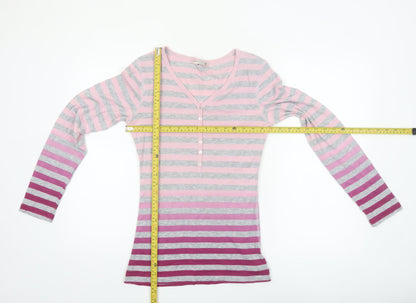 Marks and Spencer Womens Pink Striped Long Sleeve V-Neck T-Shirt Size 12
