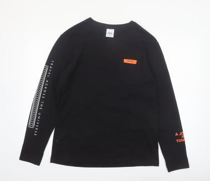 Zara Men Black Long Sleeve Travel Graphic Cotton Top L