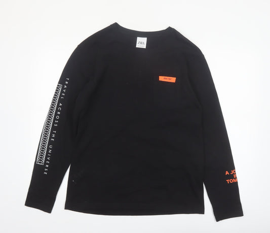 Zara Men Black Long Sleeve Travel Graphic Cotton Top L