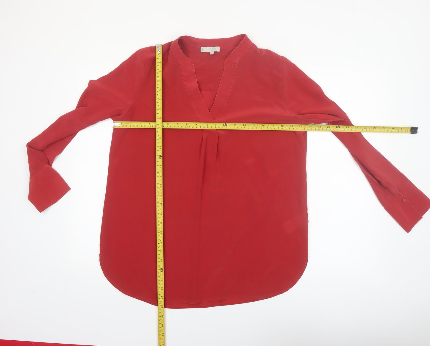 Hobbs Women Red Silk Tunic Blouse UK 14 Long Sleeve V-Neck