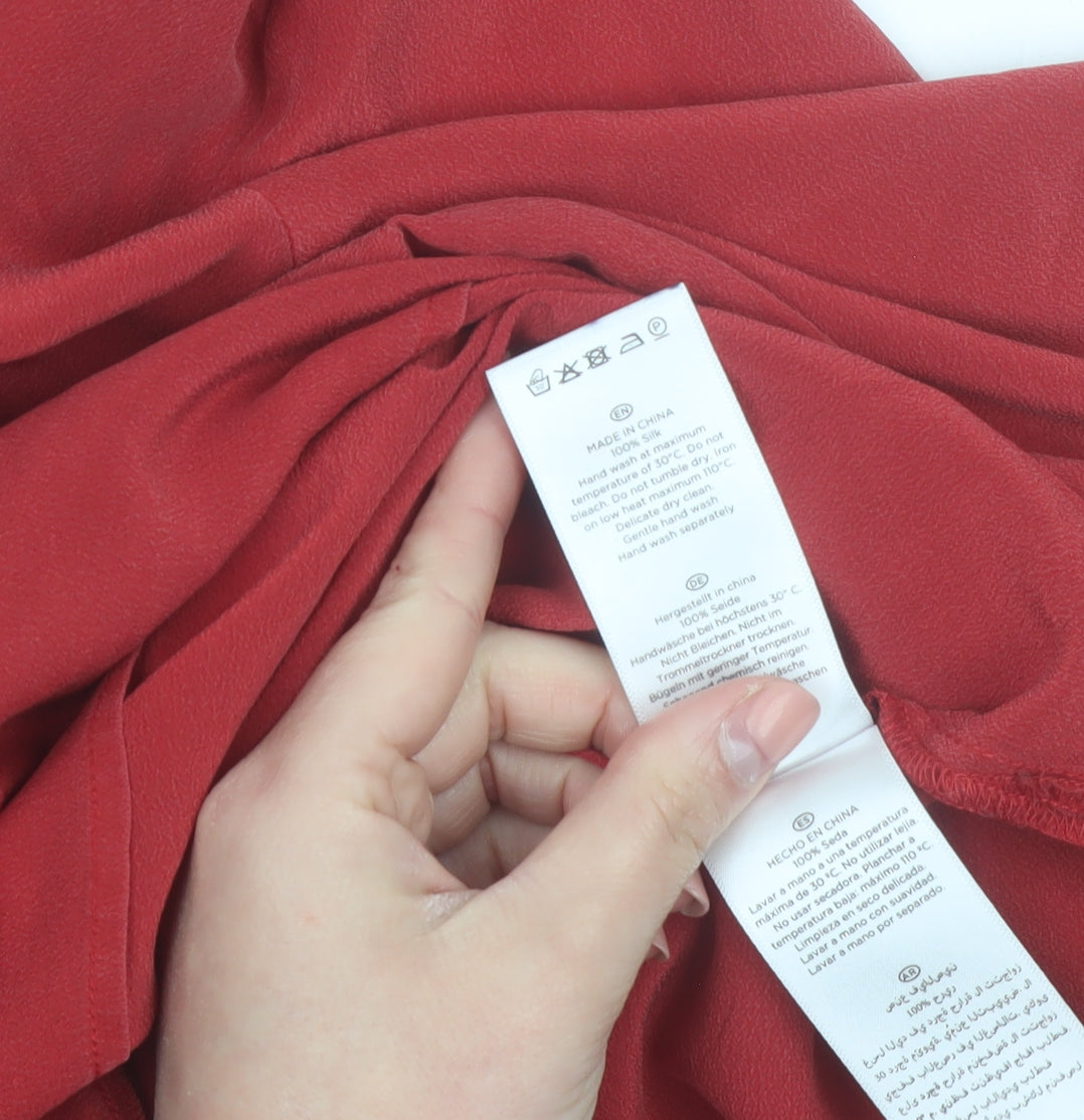 Hobbs Women Red Silk Tunic Blouse UK 14 Long Sleeve V-Neck