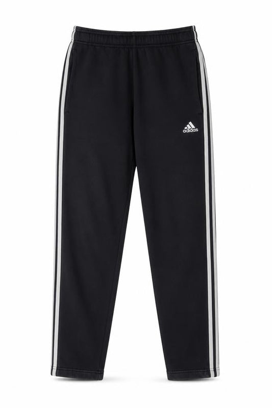 Front view of Adidas Men's Black S Jogger Trousers with White Stripes
