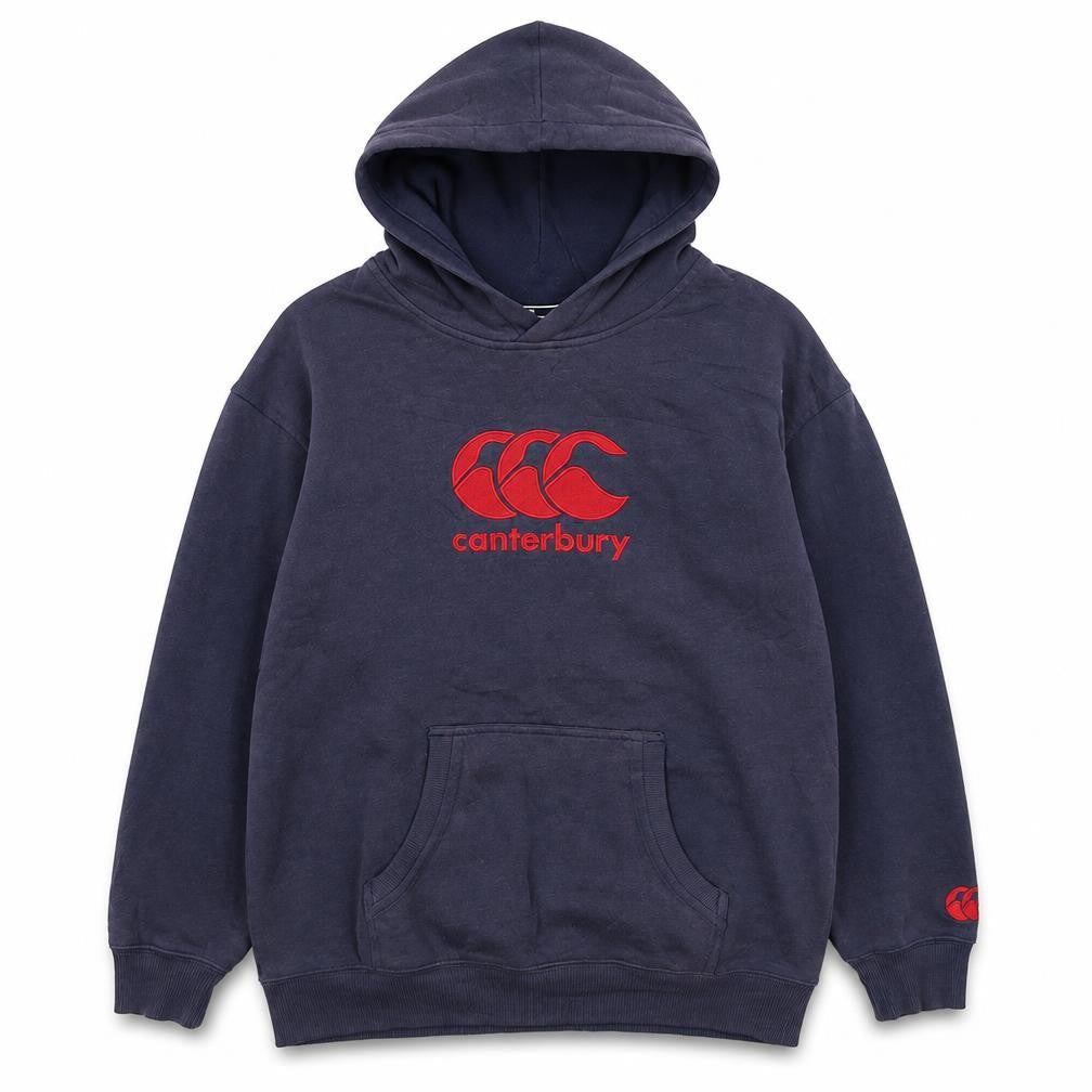 Front view of Canterbury boys’ blue pullover hoodie 14 years regular fit rugby logo sweatshirt
