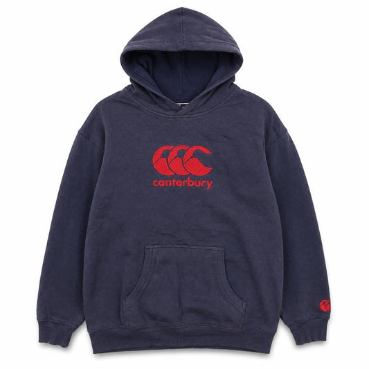 Front view of Canterbury boys’ blue pullover hoodie 14 years regular fit rugby logo sweatshirt