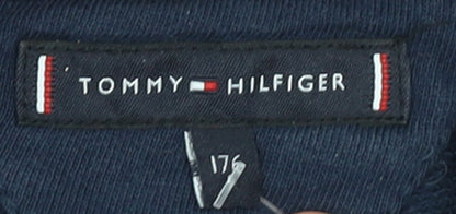 Tommy Hilfiger Girls Blue Pullover Hoodie Size 176 Hooded Logo Sweatshirt
