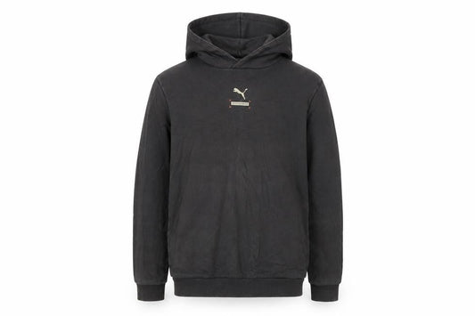 Front view of Puma boys’ black pullover hoodie 13-14 years fleece graphic logo sweatshirt