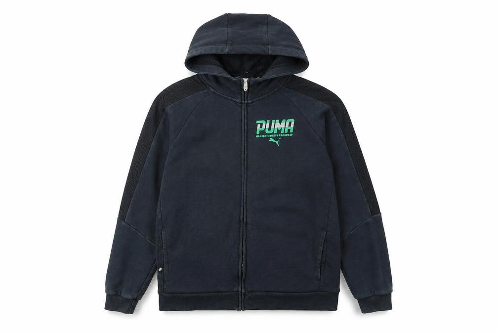 Front view of Puma boys’ black full zip hoodie 13-14 years classic sportswear