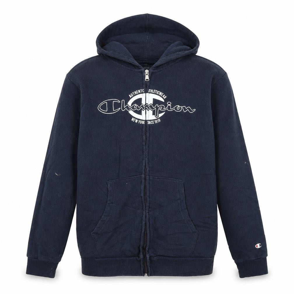 Front view of Champion boys’ blue full zip hoodie 13-14 years logo fleece sweatshirt