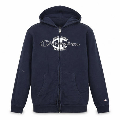 Front view of Champion boys’ blue full zip hoodie 13-14 years logo fleece sweatshirt