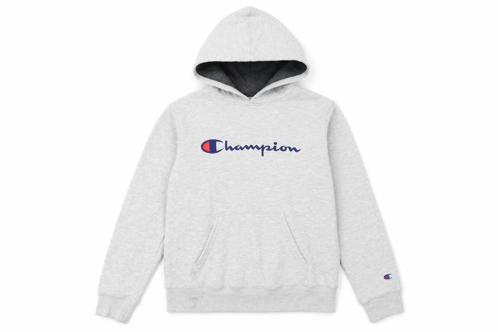 Front view of Champion boys’ grey pullover hoodie l fleece logo sportswear