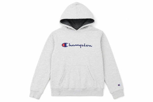 Front view of Champion boys’ grey pullover hoodie l fleece logo sportswear