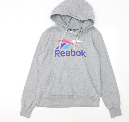 Reebok Women's Grey Pullover Hoodie L Logo Graphic Sweatshirt