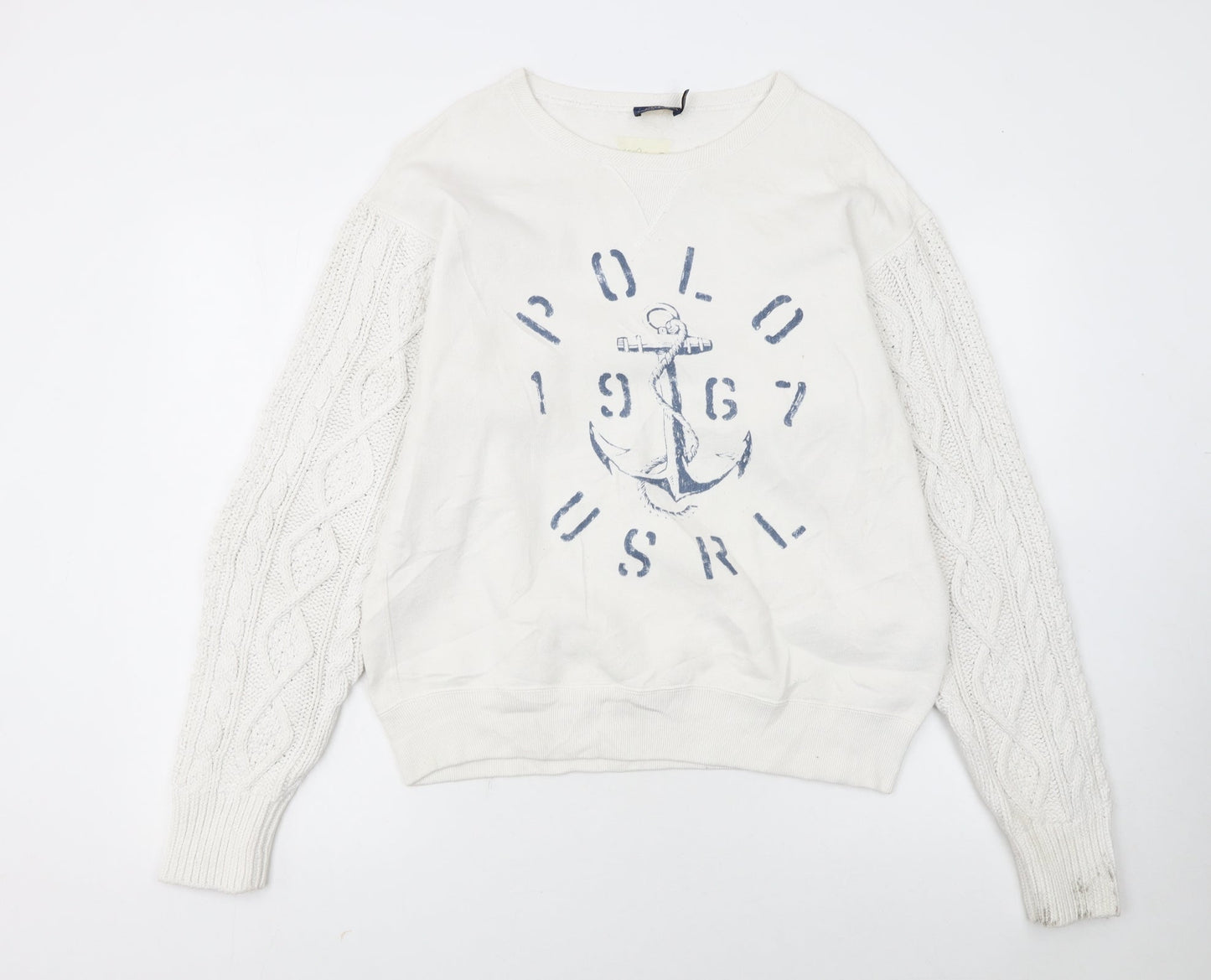 Polo Ralph Lauren Women's White Cable Knit Sleeve Anchor Sweatshirt S