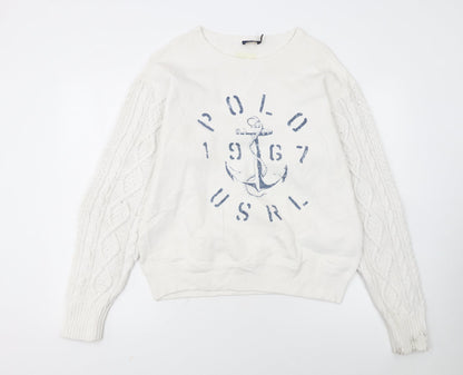 Polo Ralph Lauren Women's White Cable Knit Sleeve Anchor Sweatshirt S