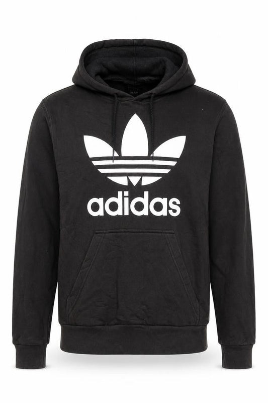 Front view of Adidas Men's Black Pullover Hoodie, size S, Logo Fleece Sweatshirt