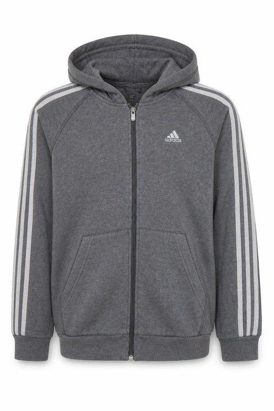 Front view of Adidas boys’ grey full zip hoodie 13-14 years performance essentials