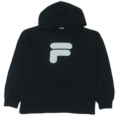 FILA Womens Black Pullover Hoodie L Logo Fleece Sweatshirt