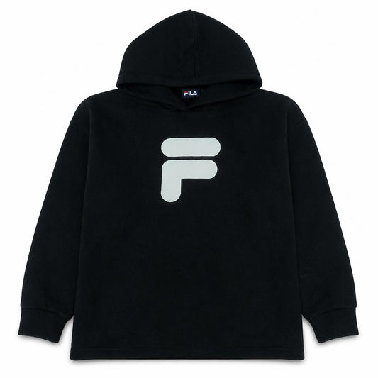 Front view of Fila women’s black pullover hoodie l logo fleece sweatshirt
