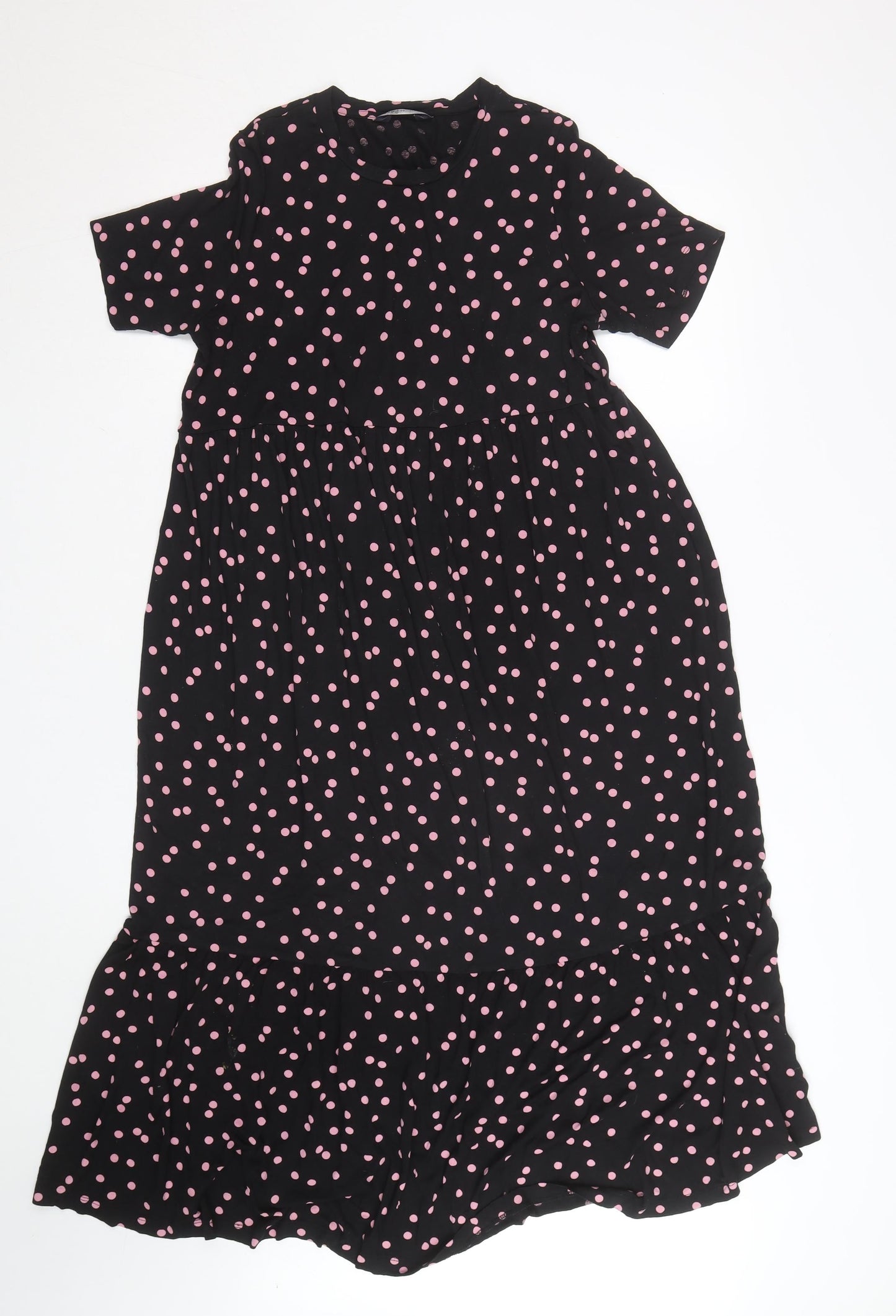 Marks and Spencer Women's Black Pink Polka Dot Midi A-Line Dress Size 12