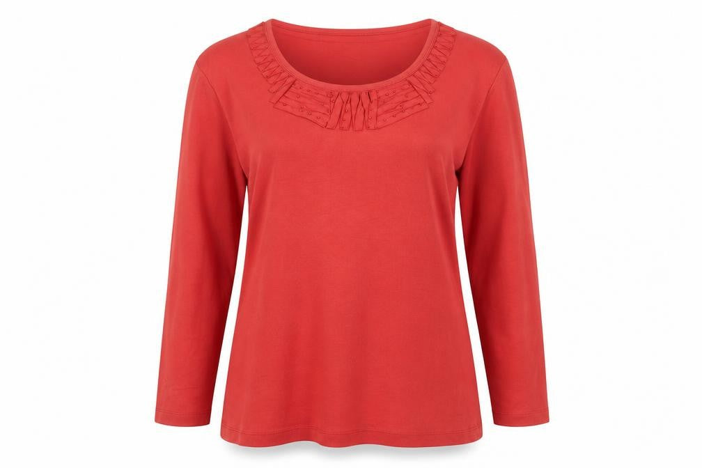 CC Women Red Beaded Ruffle Cotton Long Sleeve Top Size L
