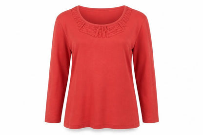 CC Women Red Beaded Ruffle Cotton Long Sleeve Top Size L