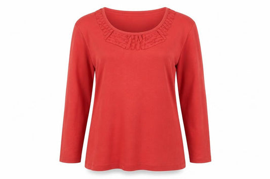 CC Women Red Beaded Ruffle Cotton Long Sleeve Top Size L