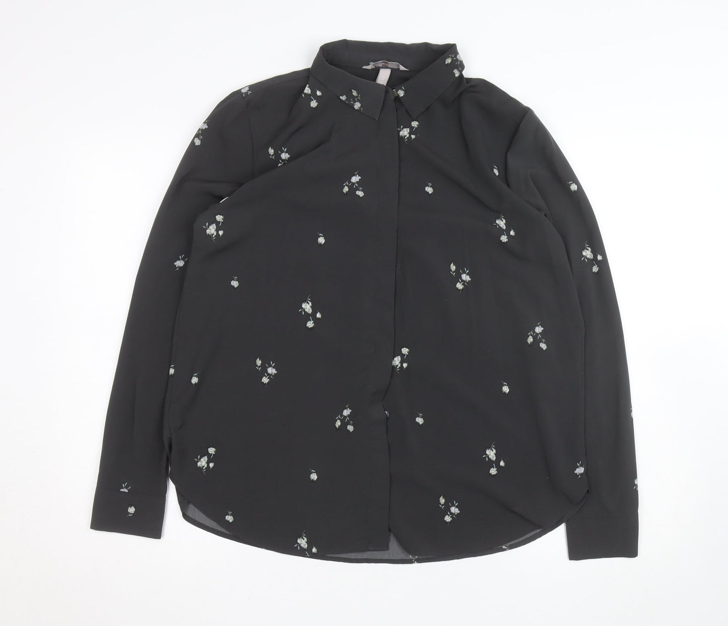 H&M Womens Black Floral Collared Blouse Size M Long Sleeve Work Top