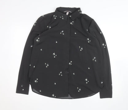 H&M Womens Black Floral Collared Blouse Size M Long Sleeve Work Top