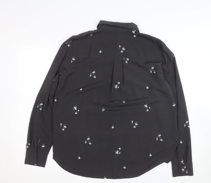 H&M Womens Black Floral Collared Blouse Size M Long Sleeve Work Top