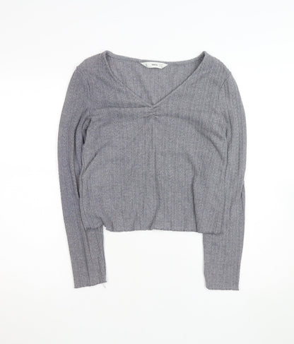 MNG Women's Grey V-Neck Ribbed Knit Long Sleeve Pullover Jumper Size 12