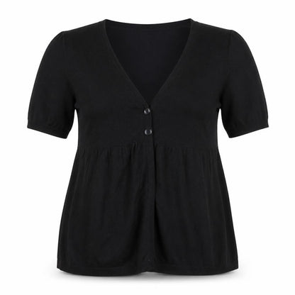 H&M Women's Black Cotton Knit Button V-Neck Tunic Blouse Size L