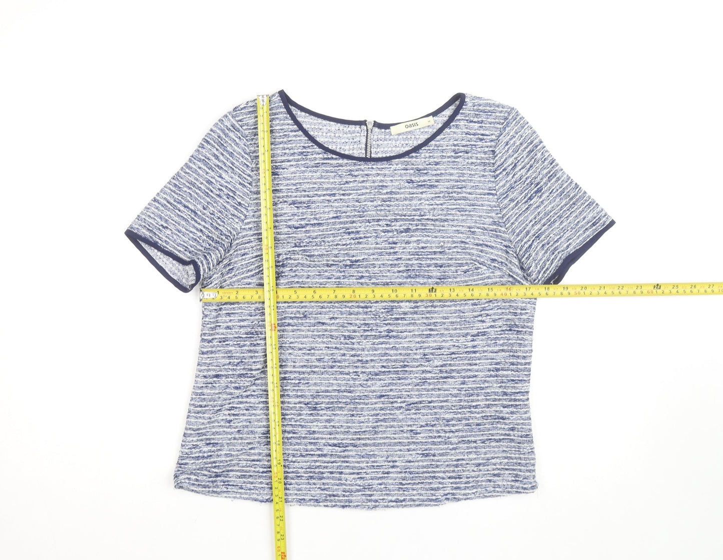 Oasis Women Blue Striped Short Sleeve Crew Neck Top M
