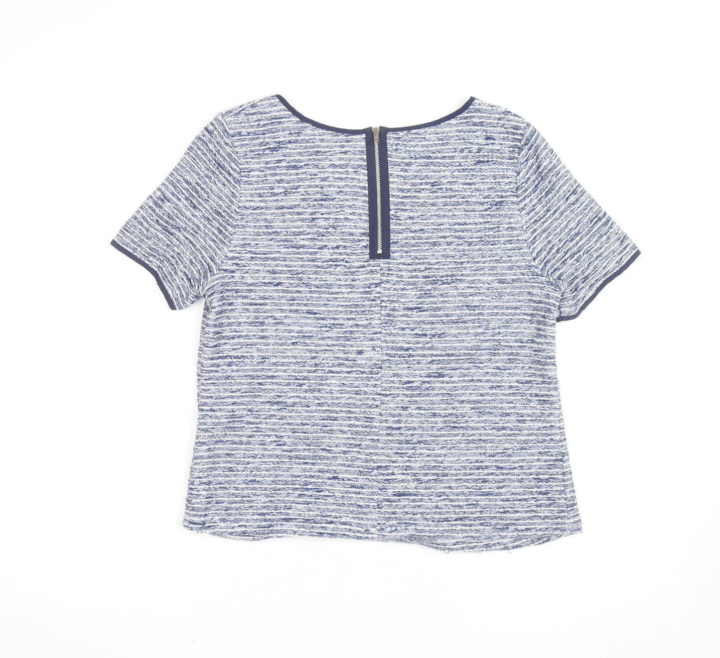 Oasis Women Blue Striped Short Sleeve Crew Neck Top M