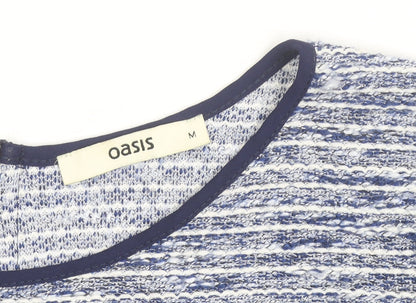 Oasis Women Blue Striped Short Sleeve Crew Neck Top M