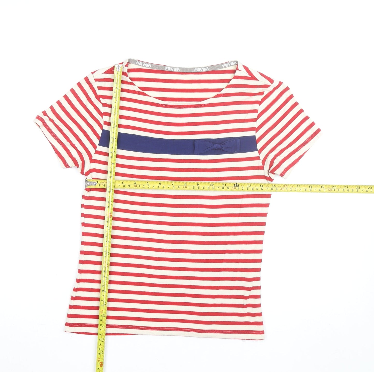 Fever Women's Red Striped Bow T-Shirt Size 8 Short Sleeve Cotton