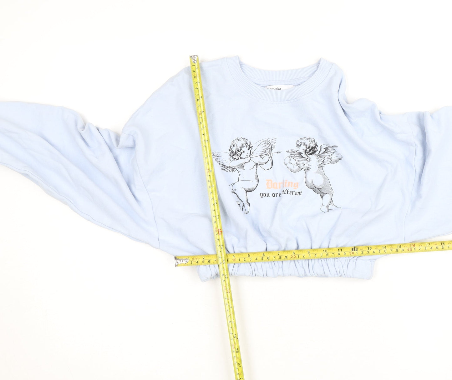 Bershka Womens Blue Cropped Pullover Sweatshirt Size S Graphic Angels