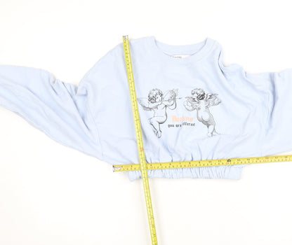 Bershka Womens Blue Cropped Pullover Sweatshirt Size S Graphic Angels