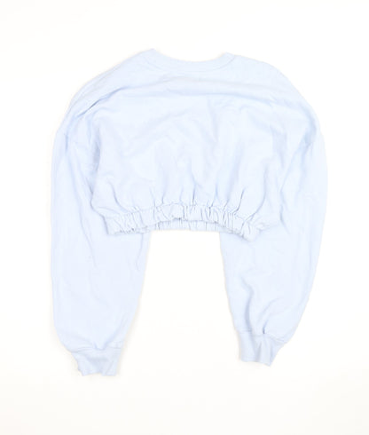 Bershka Womens Blue Cropped Pullover Sweatshirt Size S Graphic Angels