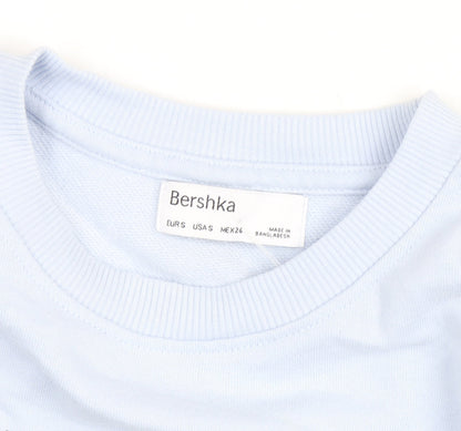 Bershka Womens Blue Cropped Pullover Sweatshirt Size S Graphic Angels