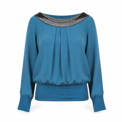 Van Caloen Women’s Blue Beaded Boat Neck Tunic Blouse Size M
