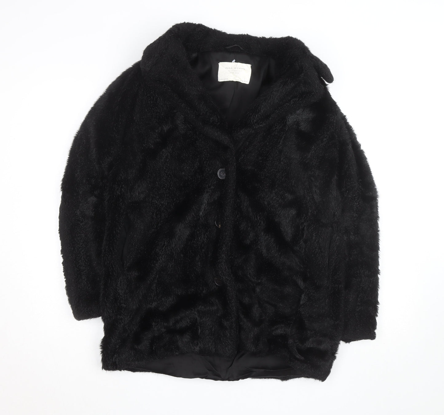 Zara Woman Black Faux Fur Mid-Length Coat Women M Autumn Winter
