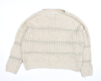 Next Women Beige Chunky Knit Crew Neck Pullover Jumper M