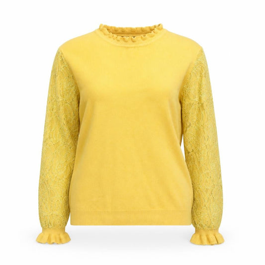 Wild Flower Women Yellow Lace Sleeve Ruffle High Neck Jumper Size L