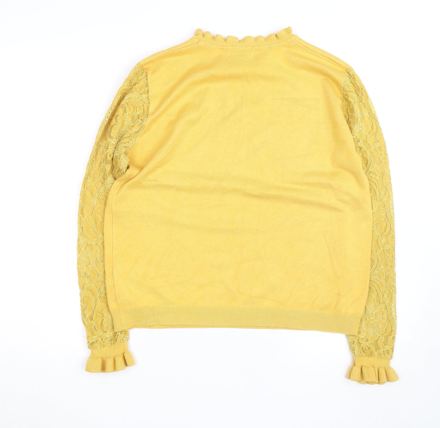 Wild Flower Women Yellow Lace Sleeve Ruffle High Neck Jumper Size L