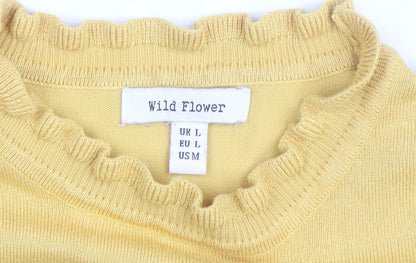 Wild Flower Women Yellow Lace Sleeve Ruffle High Neck Jumper Size L