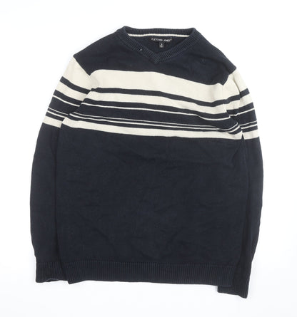 Fletcher Jones Men's Blue Striped Cotton V-Neck Jumper Size S