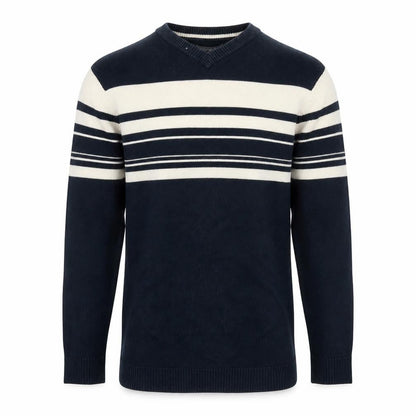 Fletcher Jones Men's Blue Striped Cotton V-Neck Jumper Size S