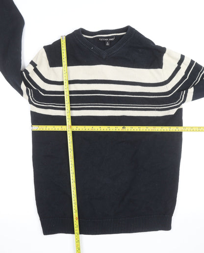 Fletcher Jones Men's Blue Striped Cotton V-Neck Jumper Size S