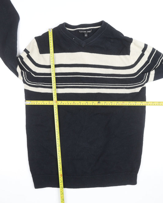 Fletcher Jones Men's Blue Striped Cotton V-Neck Jumper Size S