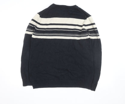 Fletcher Jones Men's Blue Striped Cotton V-Neck Jumper Size S